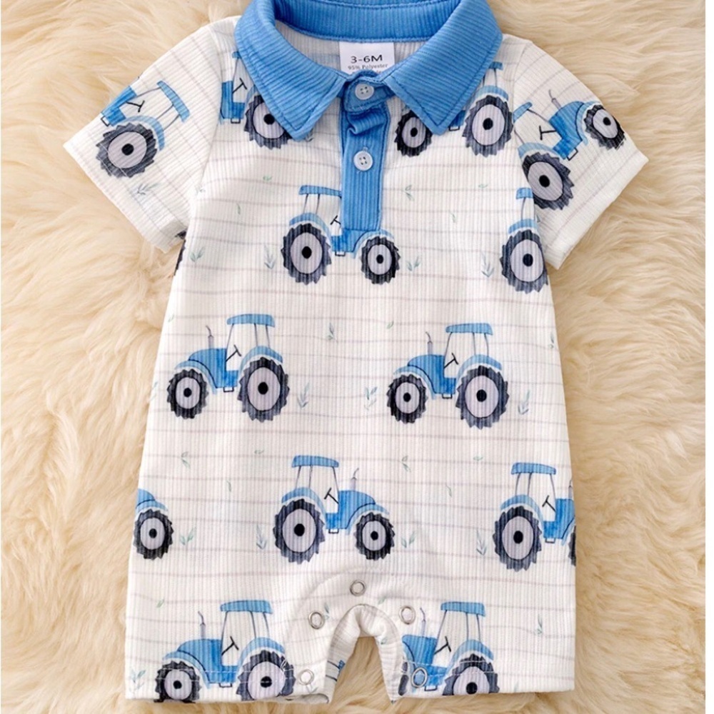 Baby Boy  Striped Tractor Print Romper with Snaps Size 6/12months